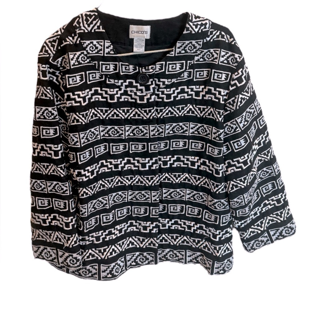 Chico’s Embroidered Jacket Lined Button Up Black & White Cotton Aztec Medium